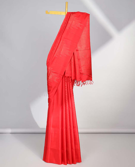Red small buttas soft silk saree with self temple border & floral zari design pallu