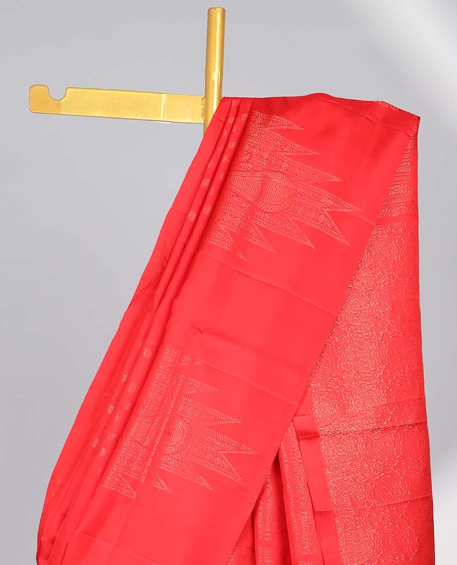 Red small buttas soft silk saree with self temple border & floral zari design pallu