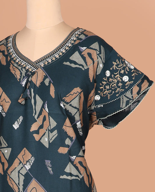 Green geometric motifs printed with leaf-neck lace embroidered  half-sleeve cotton nighty
