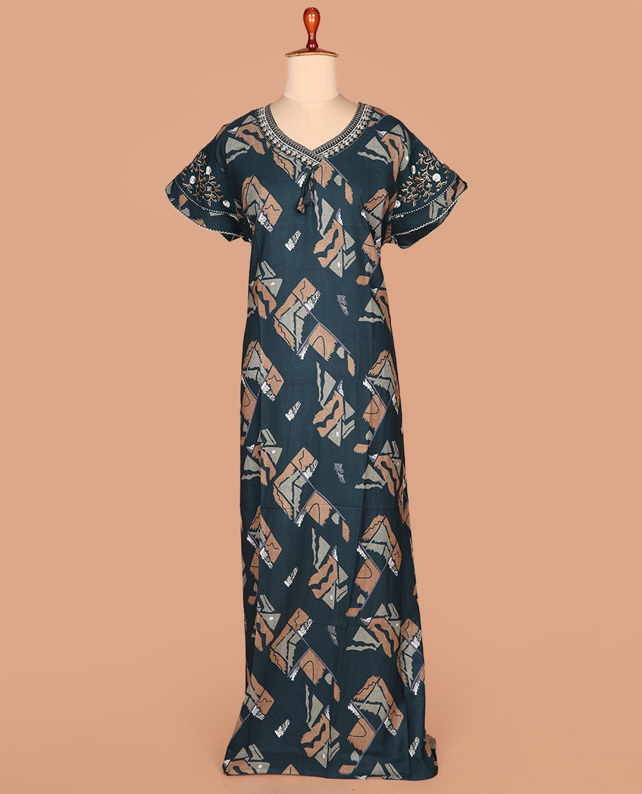 Green geometric motifs printed with leaf-neck lace embroidered  half-sleeve cotton nighty