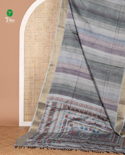 Blue hand-brush-dye theme printed semi-tusser silksaree,bavanji zari border,Madhubani printed pallu & floral print blouse
