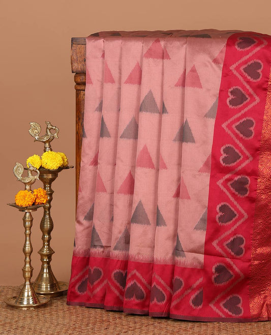 Onion pink pochampally triangle motifs mulberry silksaree,contrast pochampally design satin thread weave border & zari-rich intricate pallu