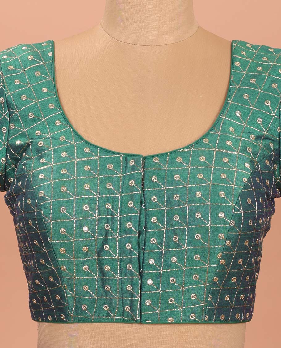 Green Readymade Blouse Mesmerized with Sequin Embroidery, Featuring a Front Round-Neck, Back Round-Neck, and Elbow Sleeves
