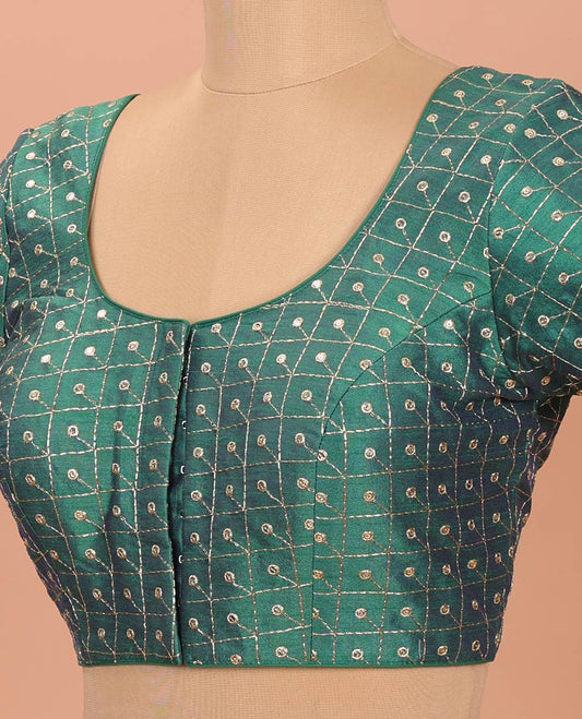 Green Readymade Blouse Mesmerized with Sequin Embroidery, Featuring a Front Round-Neck, Back Round-Neck, and Elbow Sleeves
