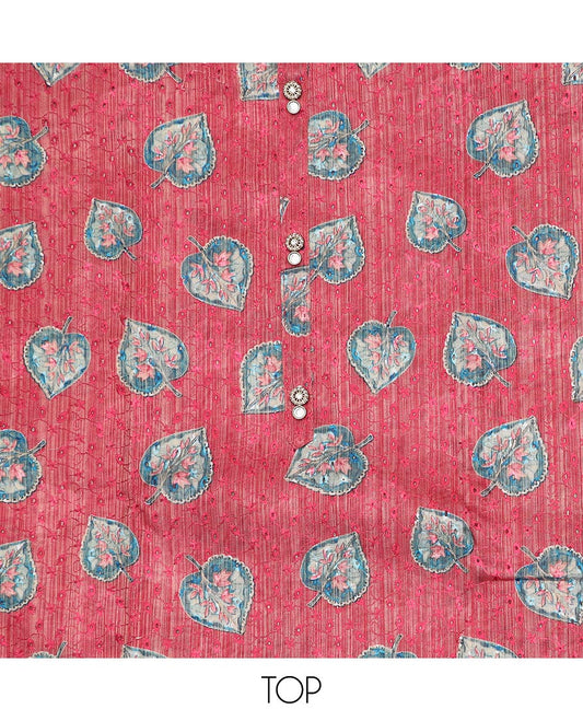 Pink material chudidar set, leaf motifs print with thread embroidered top, contrast plain bottom and sequins striped dupatta