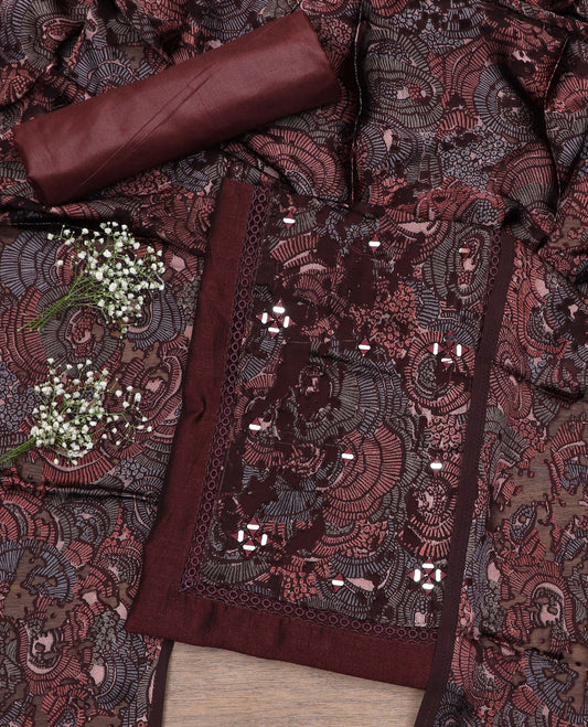 Brown material chudidar set, abstract printed with mirror work embroidered top, plain bottom and abstract printed dupatta