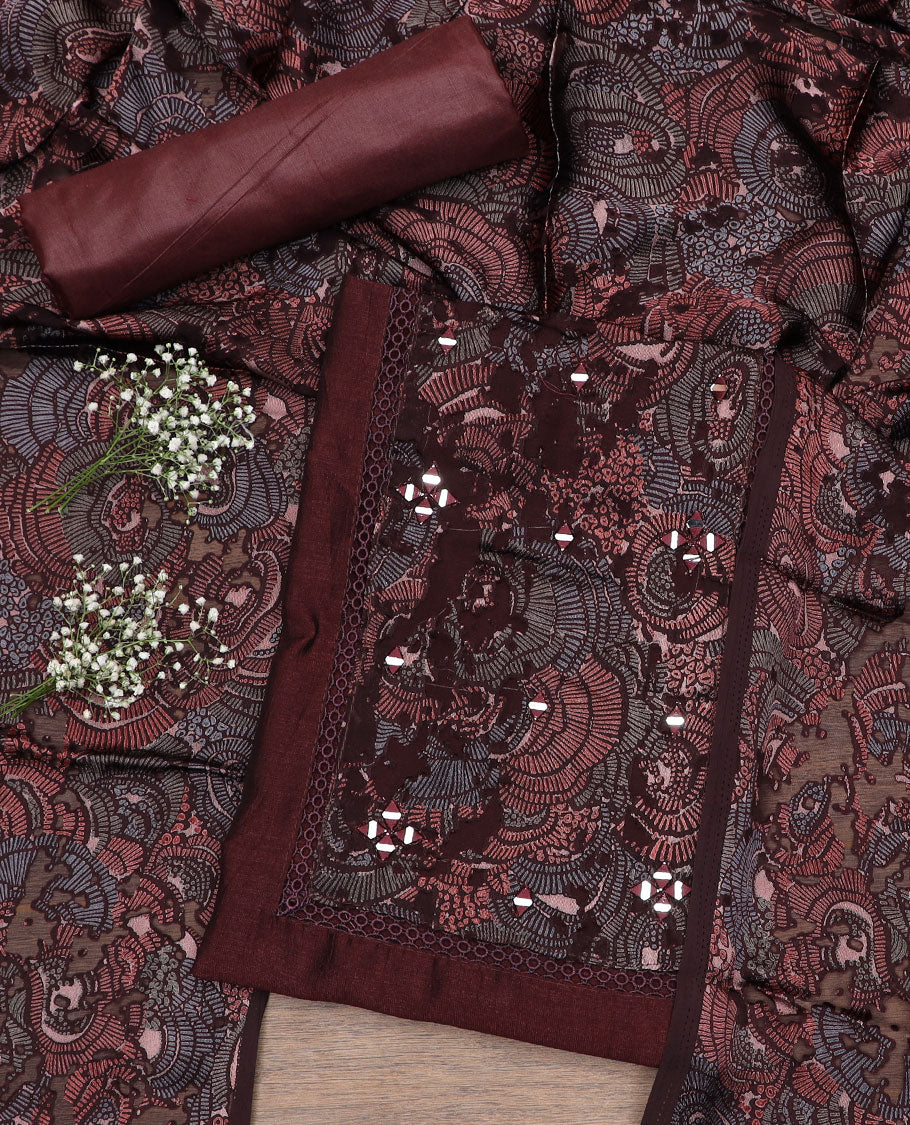 Brown material chudidar set, abstract printed with mirror work embroidered top, plain bottom and abstract printed dupatta