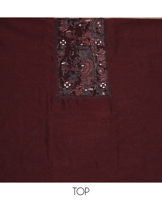 Brown material chudidar set, abstract printed with mirror work embroidered top, plain bottom and abstract printed dupatta