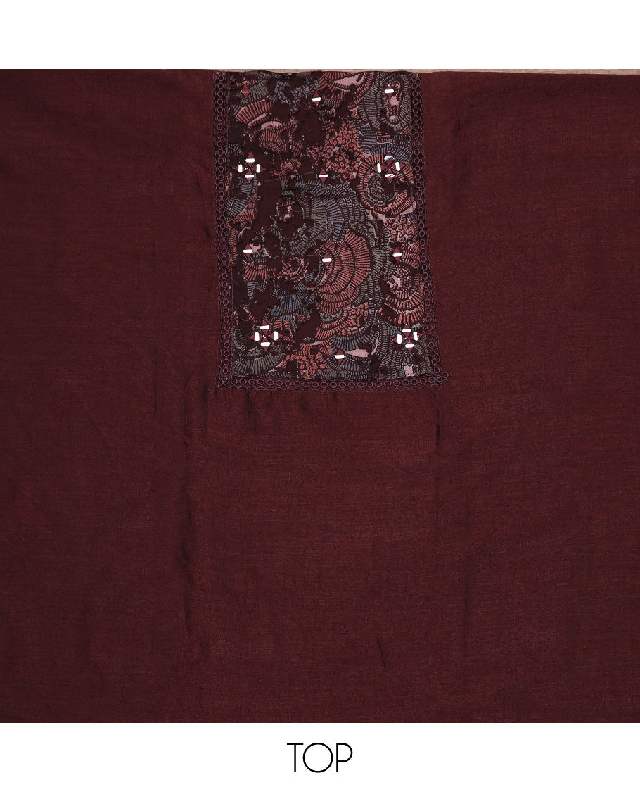 Brown material chudidar set, abstract printed with mirror work embroidered top, plain bottom and abstract printed dupatta