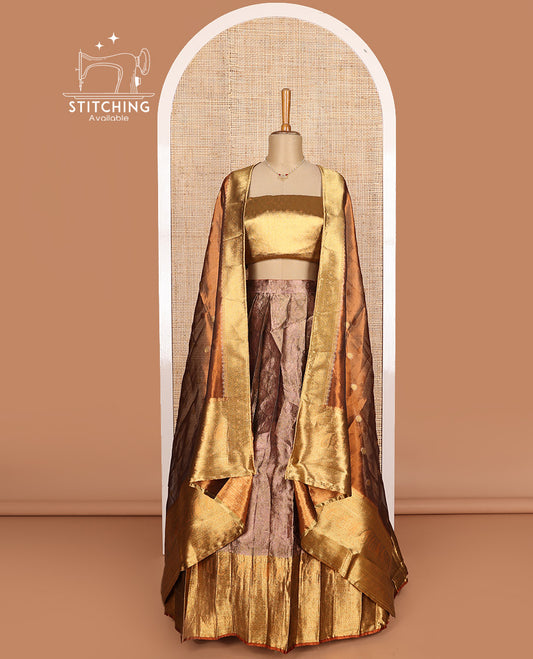 Brown art silk half-saree, sparsely design with contrast traditional motifs bordered skirt, contrast blouse, and traditional motif dhavani