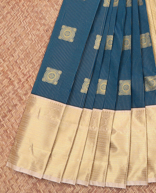 Blue Budget Silk Saree, Designed with Zari Stripes and Square-Shape Zari Buttas All Over Its Body, Complemented by a Contrast Traditional Zari Design Border, Pallu Woven with Jaal Designs, and Paired with a Contrast Blouse