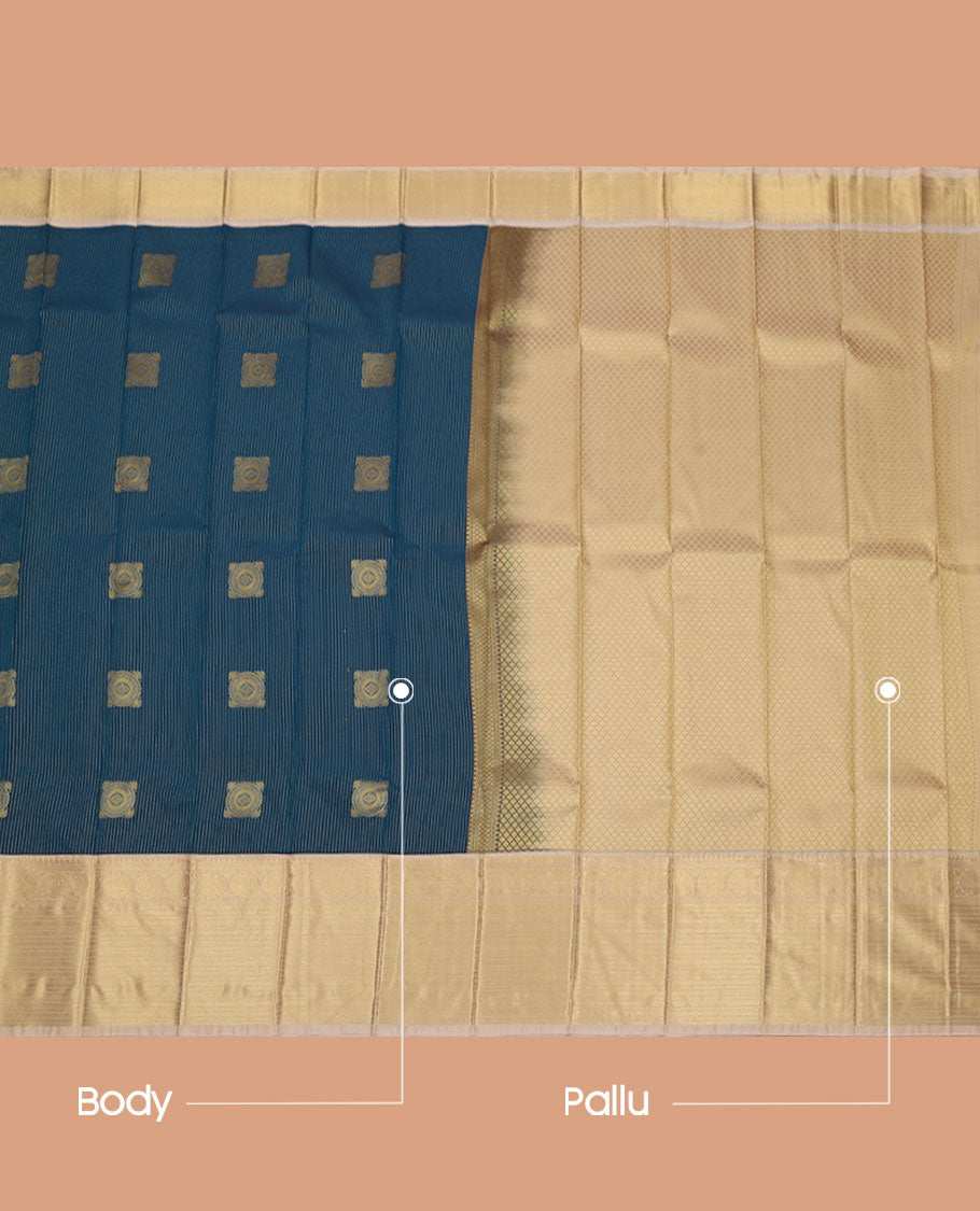 Blue Budget Silk Saree, Designed with Zari Stripes and Square-Shape Zari Buttas All Over Its Body, Complemented by a Contrast Traditional Zari Design Border, Pallu Woven with Jaal Designs, and Paired with a Contrast Blouse