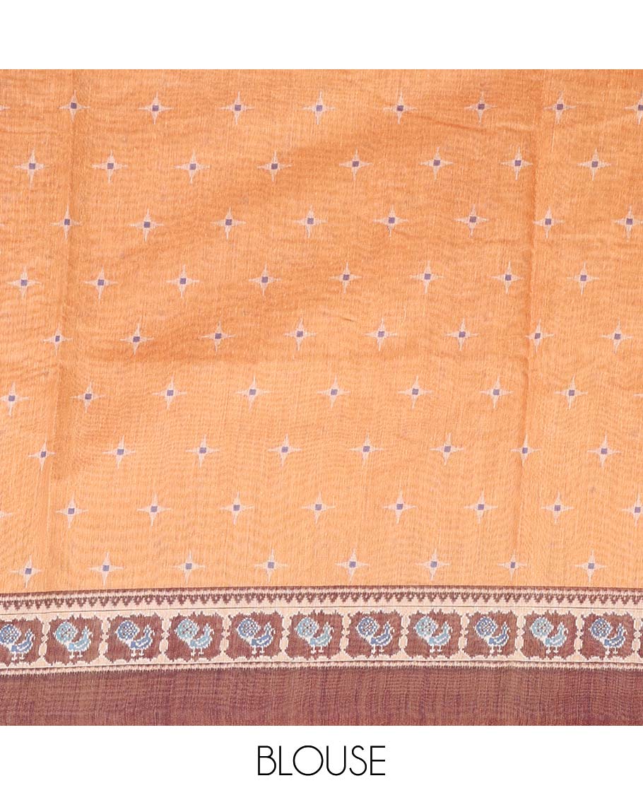 Orange paisley vine printed chanderi cotton saree, contrast temple border and pallu of ikkat peacock print