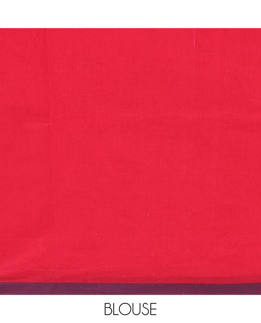 Red butta enclosed checked Coimbatore cotton saree, contrast plain border & traditional design pallu
