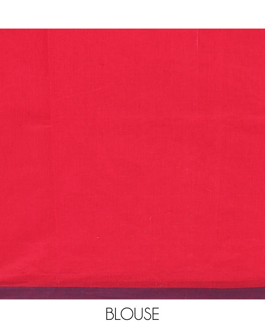 Red butta enclosed checked Coimbatore cotton saree, contrast plain border & traditional design pallu
