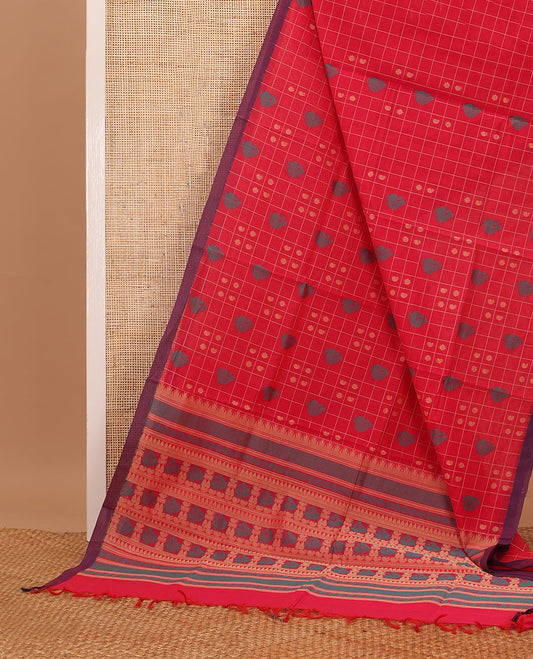 Red butta enclosed checked Coimbatore cotton saree, contrast plain border & traditional design pallu