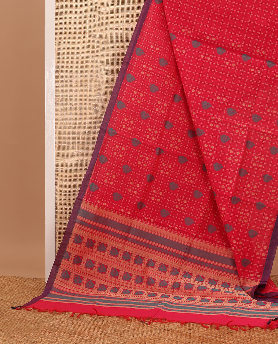 Red butta enclosed checked Coimbatore cotton saree, contrast plain border & traditional design pallu
