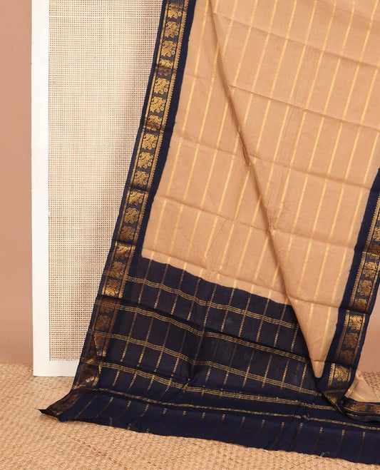 Sandal veldhari stripes Sungudi cotton saree, contrast peacock zari border & zari striped pallu