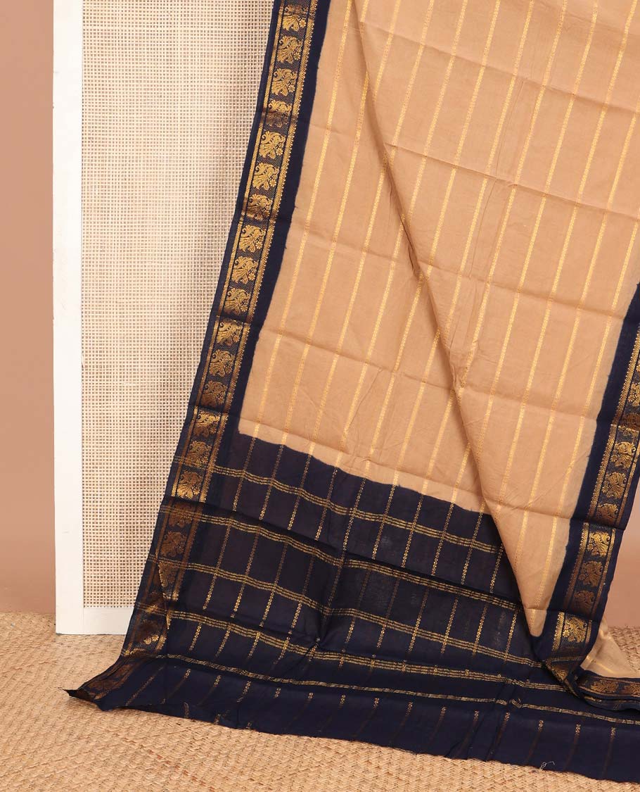 Sandal veldhari stripes Sungudi cotton saree, contrast peacock zari border & zari striped pallu