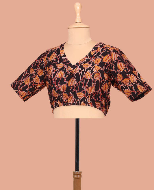 Black Cotton Readymade Blouse Majestically Detailed with All-Over Lotus Motifs Print, Front V-Neck, Back Round  Neck, and Elbow Sleeves