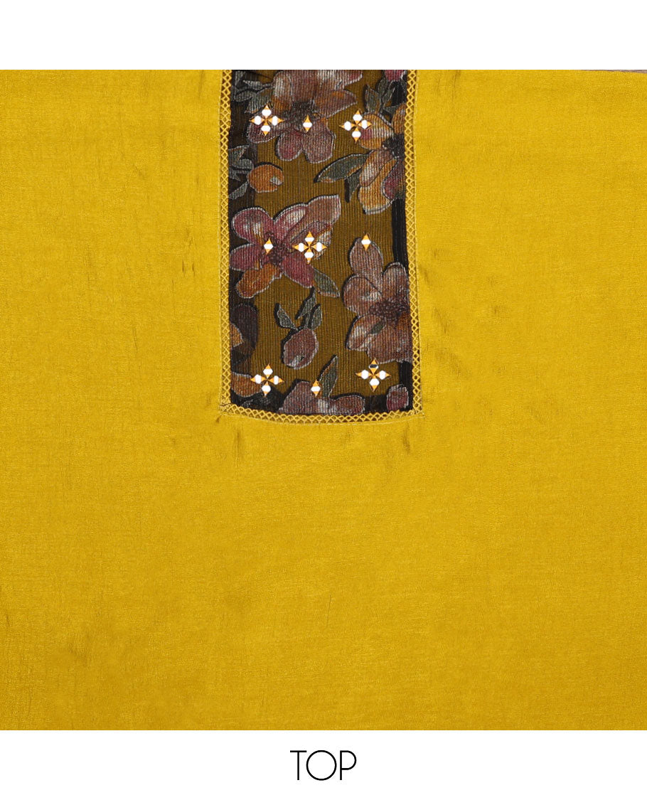 Yellow material chudidar set, plain with patch embroidered work top, plain bottom, and floral printed dupatta