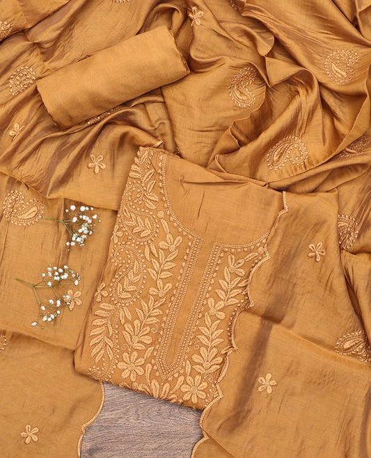 Yellow  Material Chudidar Set, Delicately Woven with Floral-Paisley Embroidered Muslin Top, a Plain Santoon Bottom, and Paired with Intricately Printed Muslin Dupatta