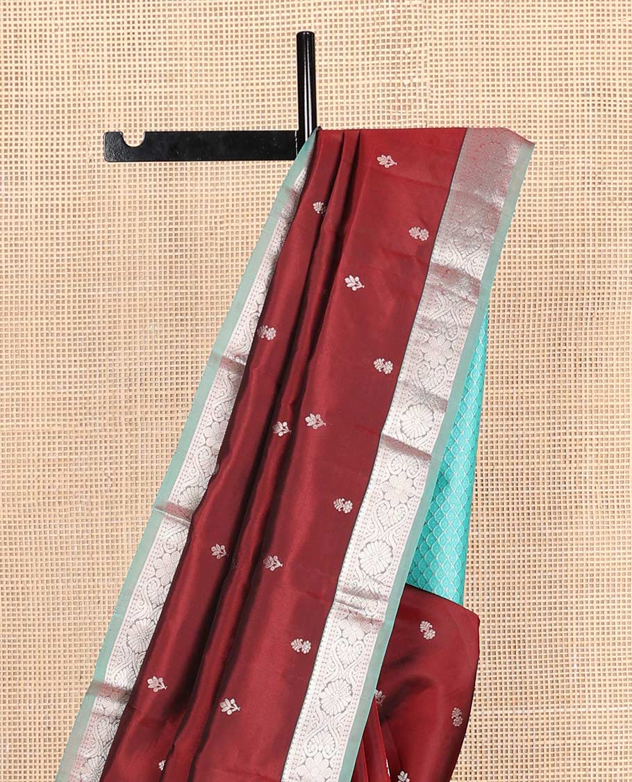 Maroon zari buttas Vasundhara silk mix saree, contrast jada nagam design border & leaf motifs pallu
