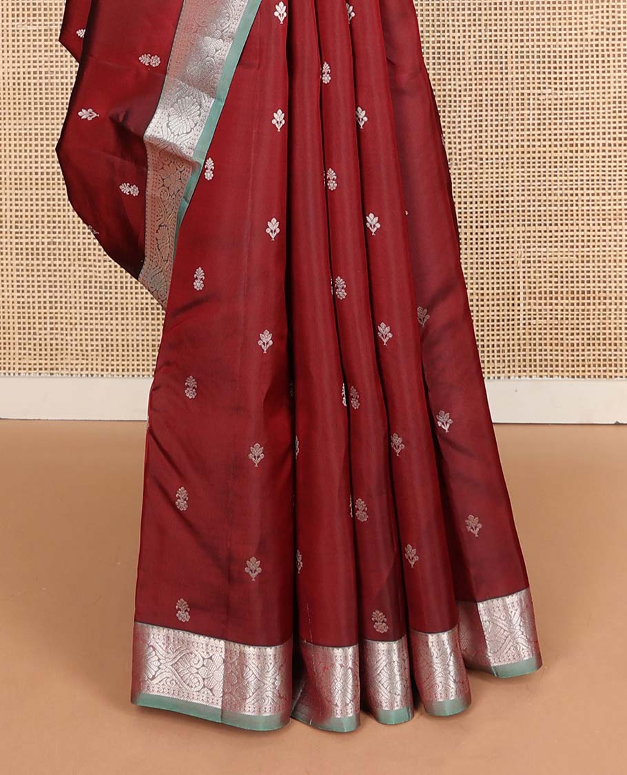 Maroon zari buttas Vasundhara silk mix saree, contrast jada nagam design border & leaf motifs pallu