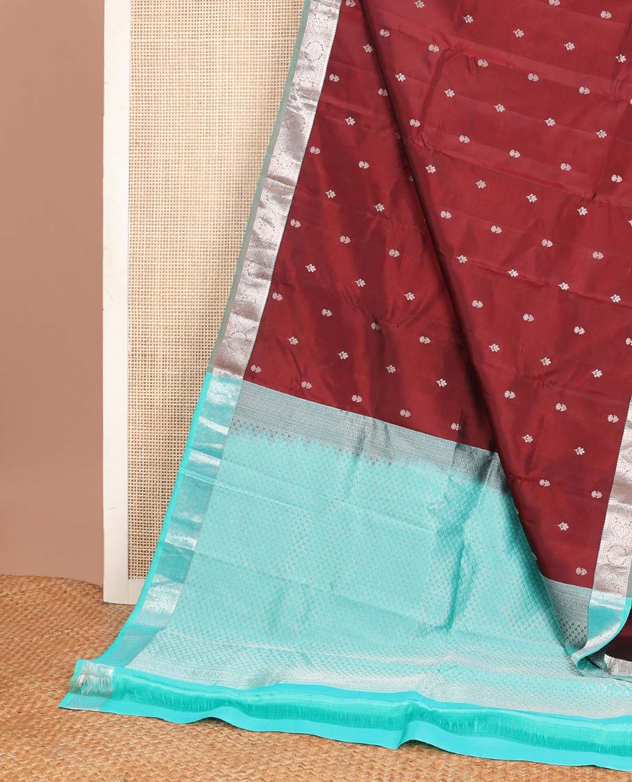 Maroon zari buttas Vasundhara silk mix saree, contrast jada nagam design border & leaf motifs pallu