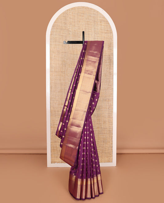 Purple zari buttas Vasundhara silk mix saree, traditional zari border of thilakam,muthu, and poun, and jaal pallu