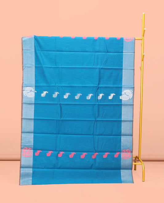 Blue Semi-Silk Cotton Saree, Graced with Peacock Buttas All Over Its Body, a Self-Border of Peacock Designs, Pallu Steeped with Peacock Zari Design, and Paired with a Matching Blouse