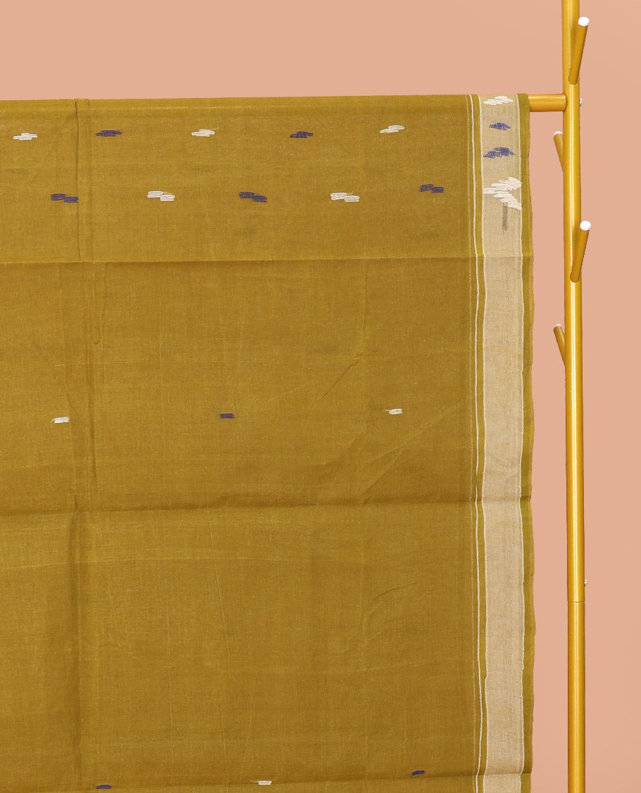 Green Bengal Cotton Saree Features Thread Buttas, a Subtle Border, a Pallu of Stripes and Buttas, and a Matching Blouse