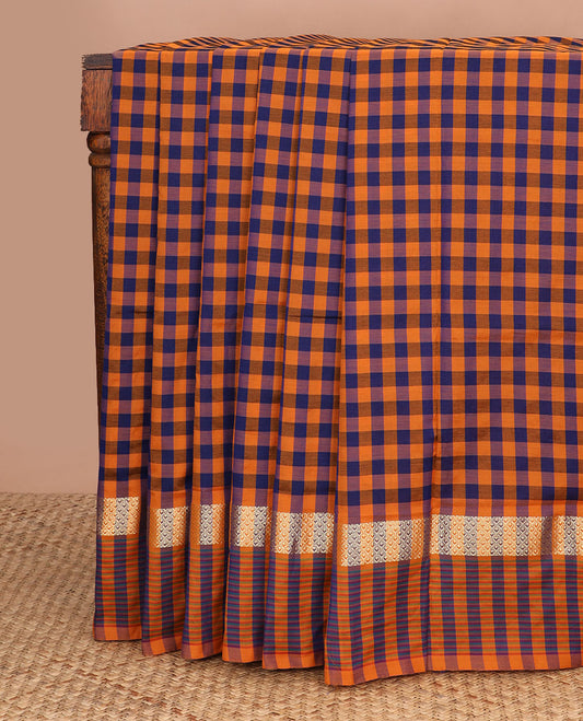 Multi-color checked design poly cotton saree, traditional zari border of stripes & striped pallu