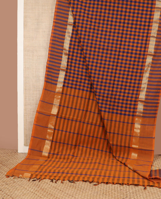 Multi-color checked design poly cotton saree, traditional zari border of stripes & striped pallu