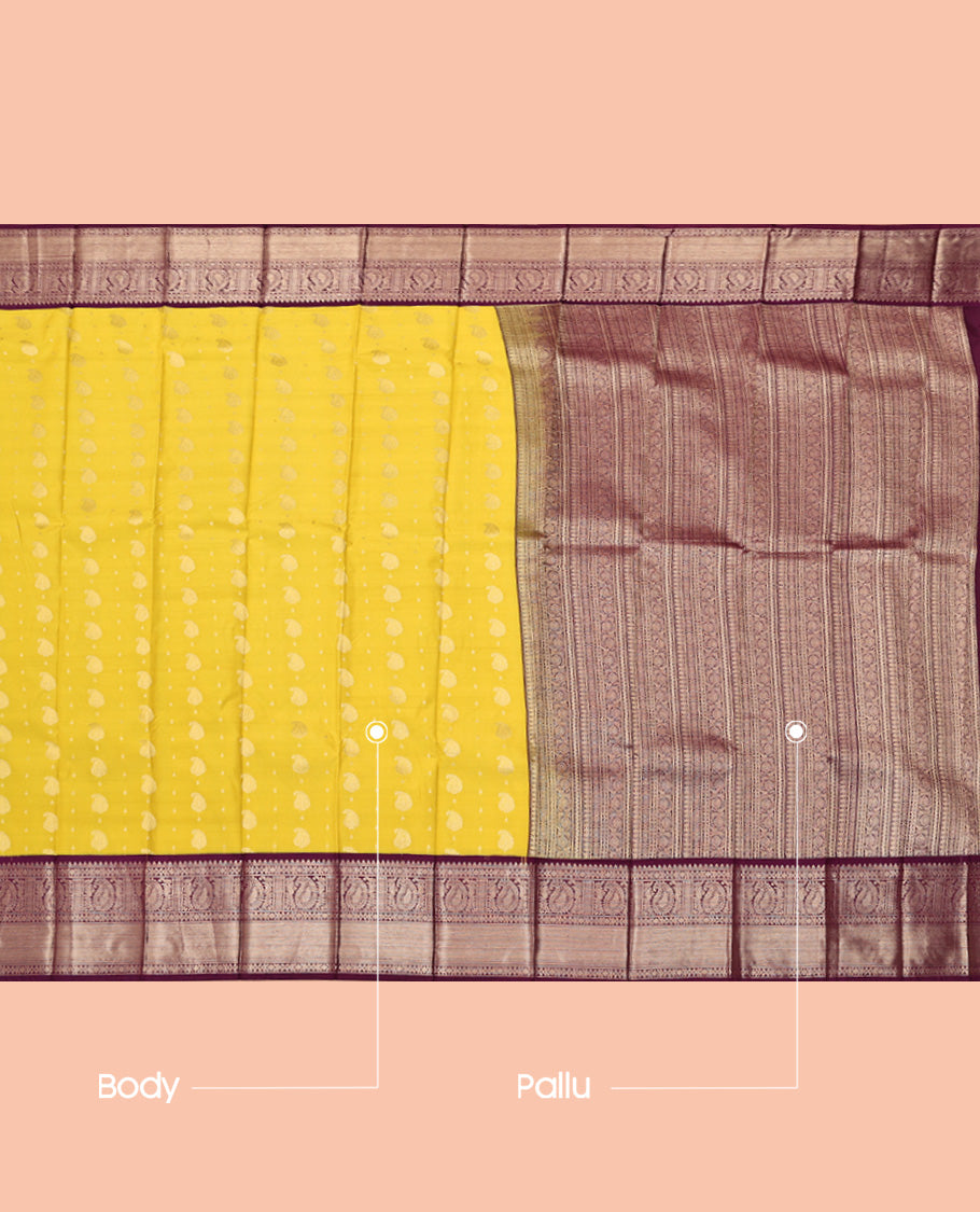 Yellow Budget Silk Saree, Sparsely Threaded with Zari Buttas, a Contrast Traditional Zari Design Border, Grand Pallu, and a Contrast Blouse