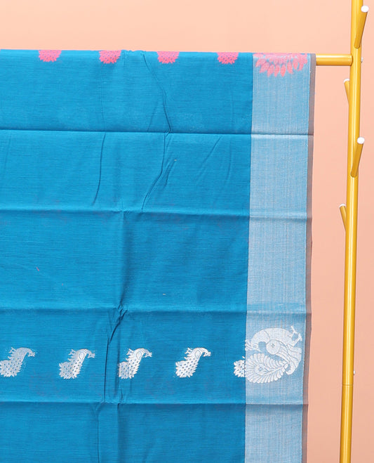 Blue Semi-Silk Cotton Saree, Graced with Peacock Buttas All Over Its Body, a Self-Border of Peacock Designs, Pallu Steeped with Peacock Zari Design, and Paired with a Matching Blouse
