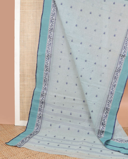 Grey motifs bengal cotton saree with contrast floral design border & striped, motifs pallu