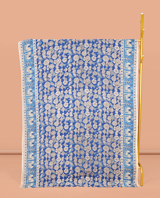 Blue Machine-Printed Kalamkari Cotton Saree, Showcasing Floral Designs on Its Body, Complemented by a Contrast Border of Elephant Print, Pallu of Floral-Geometric Print, and Paired with a Printed Blouse