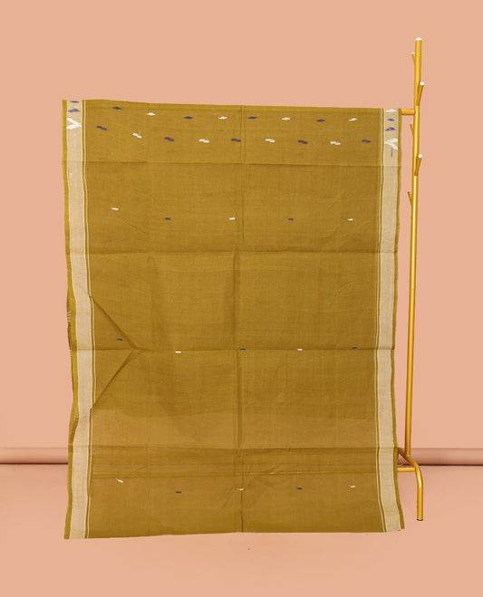 Green Bengal Cotton Saree Features Thread Buttas, a Subtle Border, a Pallu of Stripes and Buttas, and a Matching Blouse