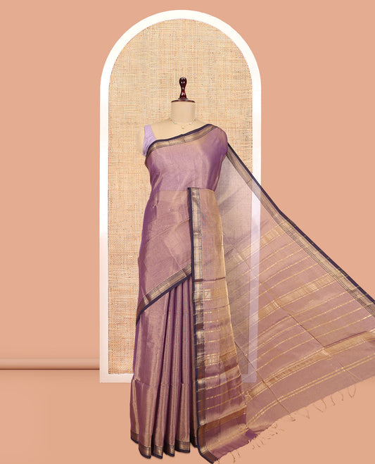 Purple Plain Maheshwari Cotton Saree, a Contrast Traditional Zari Border, Zari Striped Pallu, and a Matching Blouse