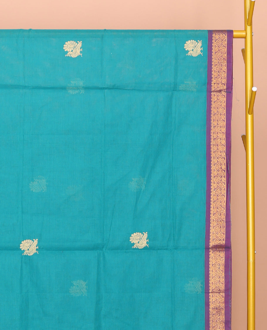 Blue Dual-tone Venkatagiri Cotton Saree Featuring Peacock Buttas, a Contrast Zari Border, Pallu of Buttas and Stripes, and No Blouse