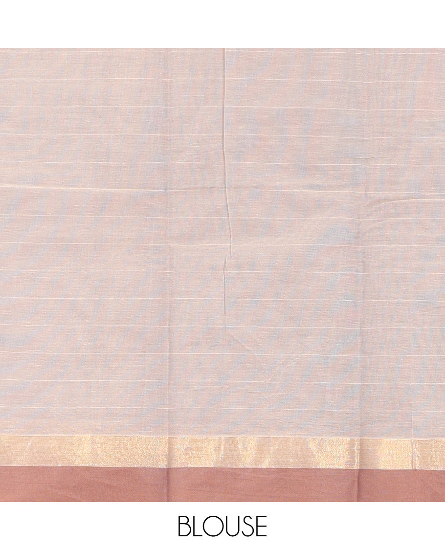 Chikku Kanchi Cotton Saree, Subtly Sparkled with Buttas, Complemented by a Contrast Border, Floral Pallu, and a Matching Blouse
