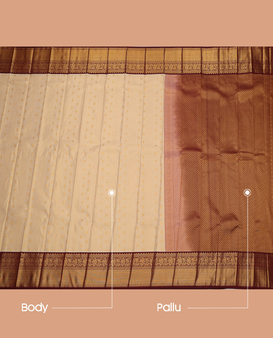 Chikku Budget Silk Saree, Sparsely Threaded with Zari Buttas, Complemented by a Contrast Traditional Zari Border, Grand Pallu, and a Contrast Blouse