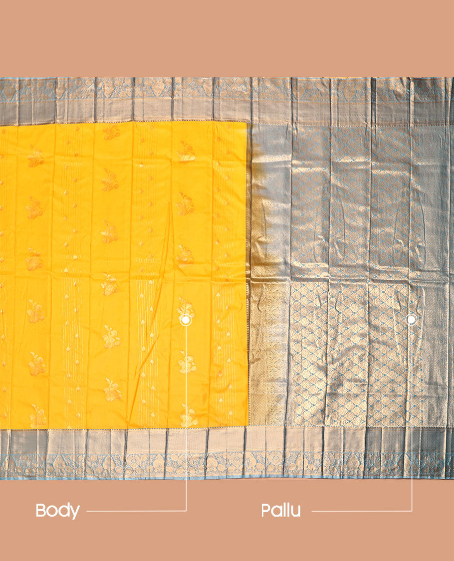Yellow Budget Silk Saree, Highlighted by Zari Buttas, Complemented by Contrast Traditional Zari Border, a Grand Jaal Pallu and a Contrast Blouse