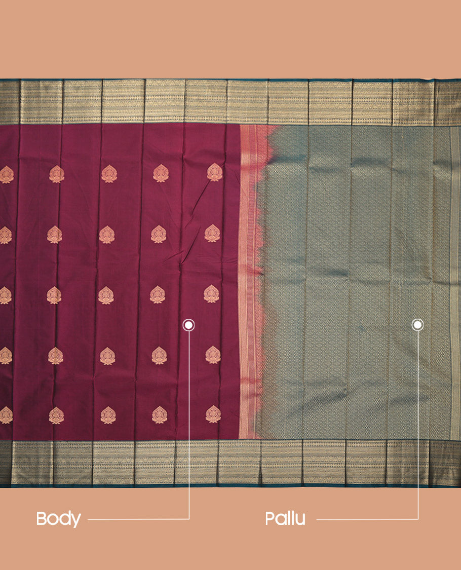 Wine Budget Silk Saree, Accentuated with Zari Buttas, Complemented by a Contrast Traditional Zari Border, Jaal Pallu, and a Contrast Blouse