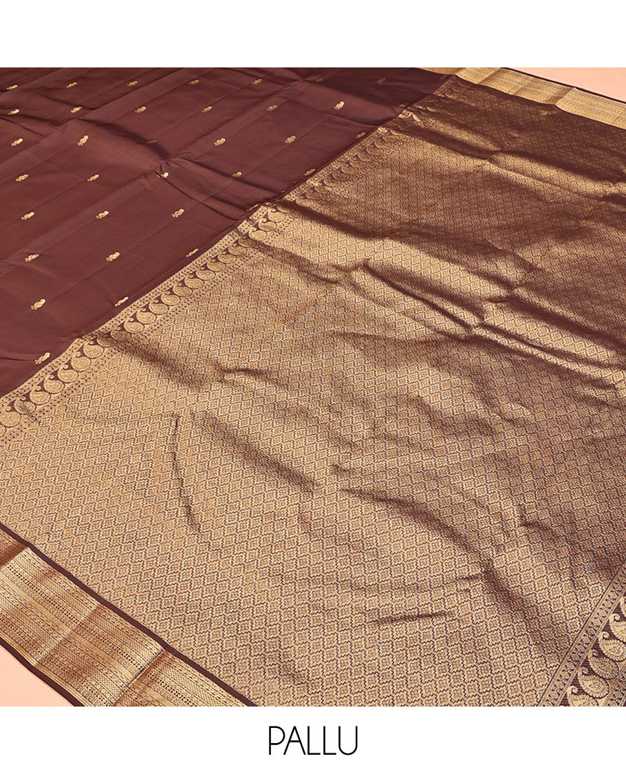Brown Vasundhara Lite Silk Mix Saree, Embellished with Zari Buttas All Over Its Body, Highlighted by Zari Border of Geometric Patterns, Intricately Designed Pallu, and Paired with a Matching Blouse