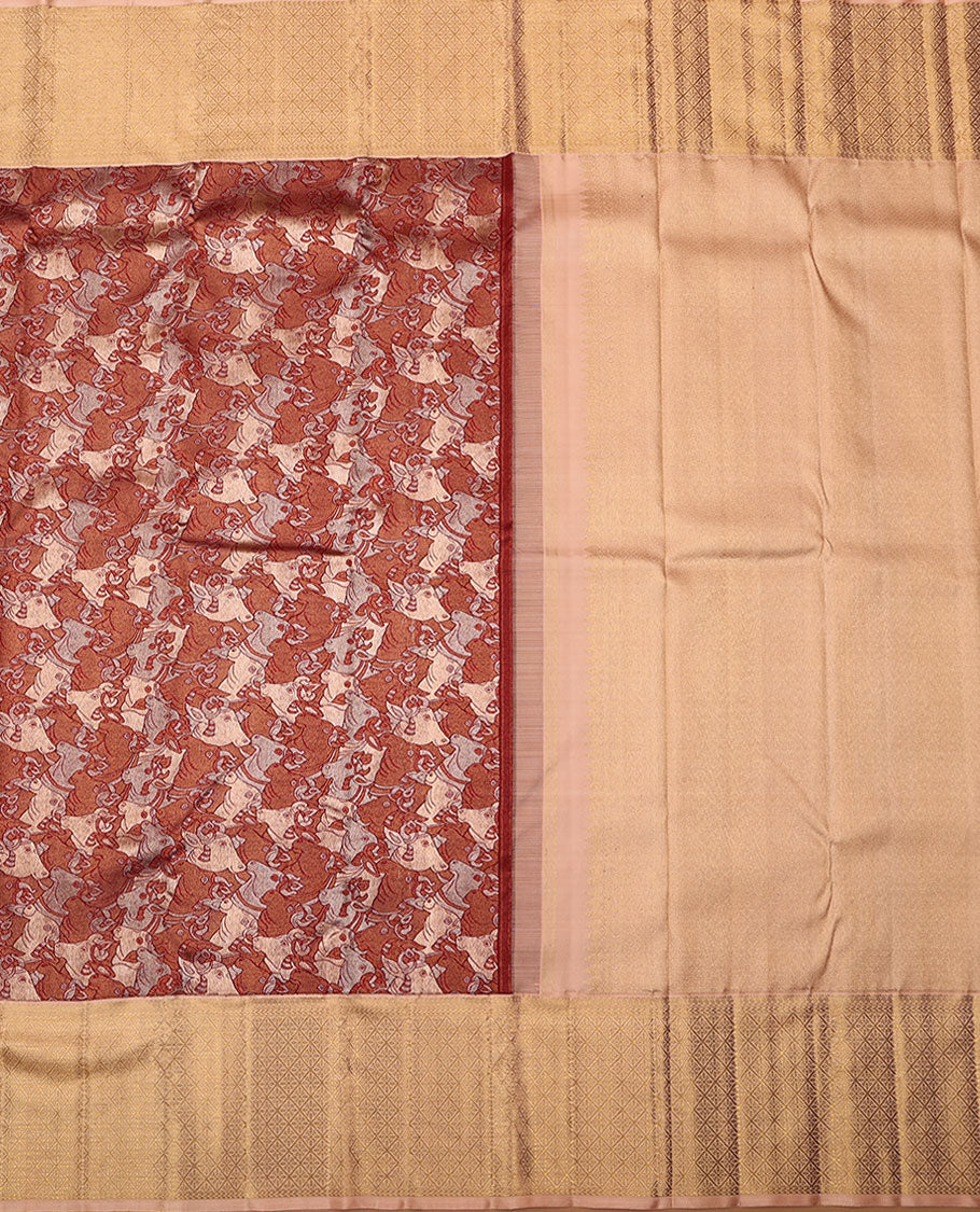Red pichwai cow jacquard silk saree, contrast border of manga mokku,kathir & jaal design & intricate zari woven pallu