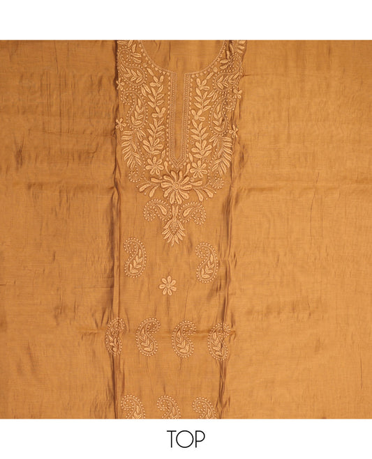Yellow  Material Chudidar Set, Delicately Woven with Floral-Paisley Embroidered Muslin Top, a Plain Santoon Bottom, and Paired with Intricately Printed Muslin Dupatta