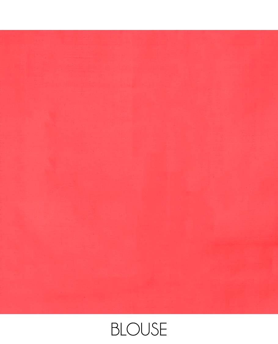 Red small buttas soft silk saree with self temple border & floral zari design pallu