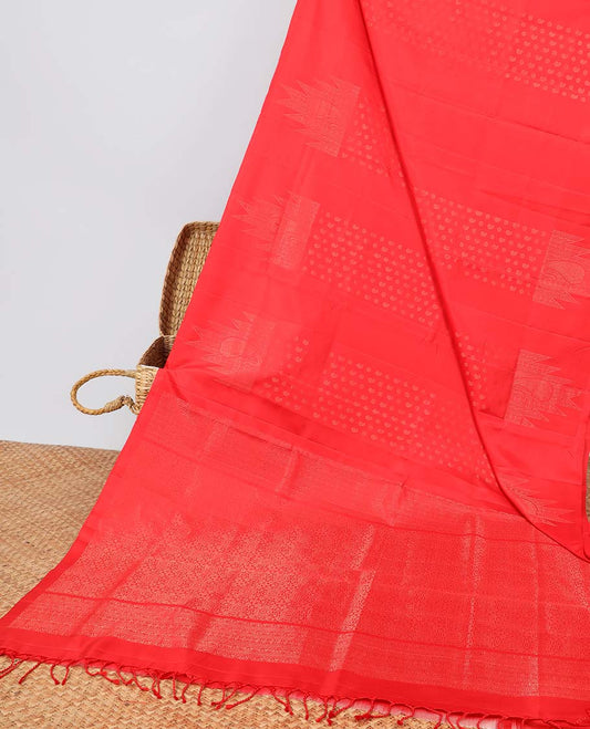 Red small buttas soft silk saree with self temple border & floral zari design pallu